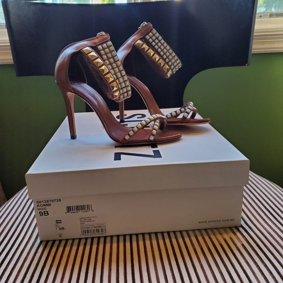 SCHUTZ Leather High Heel Stiletto Studded Strappy Ankle Cuff Sandals - Picture 4 of 6